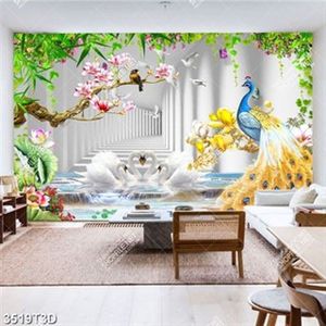 Tranh 3D thiên nga và khổng tước đẹp in uv