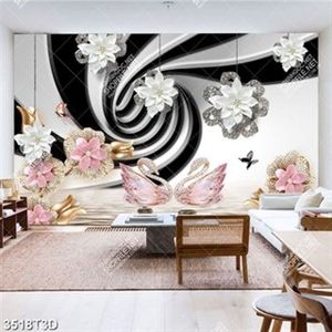 Tranh 3D thiên nga đính đá hồng in kinh