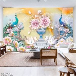 Tranh 3D hoa và chim khổng tước sang trọng