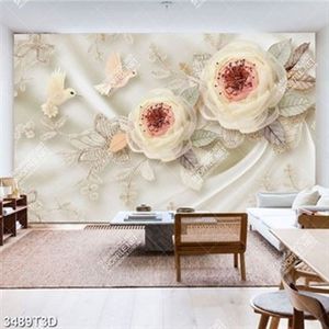 Tranh lụa hoa hồng trắng và chim trang trí phòng khách
