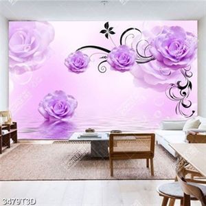 Tranh hoa hồng tím trên mặt hồ lãng mạng