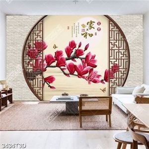 Tranh trang trí nội thất hoa mộc lan đỏ và chữ hán