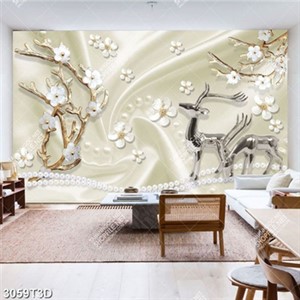 Tranh hoa và nai  mặt lụa trang trí nội thất