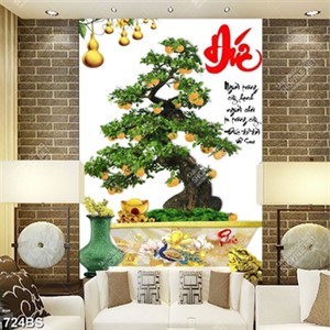 Tranh chậu bonsai in uv cây quất trĩu nặng quả bên bình gốm