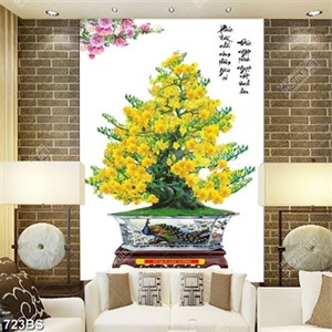 Tranh chậu bonsai phong thủy cây mai vàng và mẫu đơn