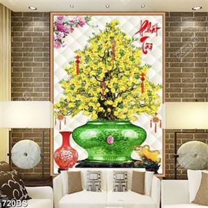 Tranh chậu bonsai trang trí cây mai vàng bên tường cá chép