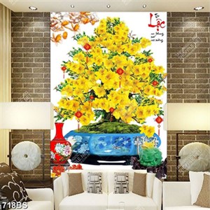 Tranh chậu bonsai nghệ thuật cây mai vàng bên bình gốm