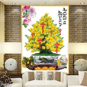 Tranh chậu bonsai in uv cây mai vàng bên cành quất sai quả