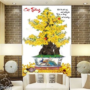 Tranh chậu bonsai tài lộc cây mai vàng bên bình trà nóng