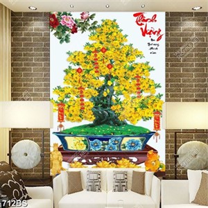 Tranh chậu bonsai treo tường cây mai vàng bên ông tài