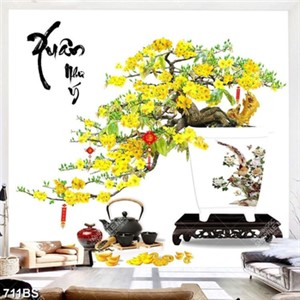 Tranh chậu bonsai cây mai vàng bên ấm trà chiều in 3d