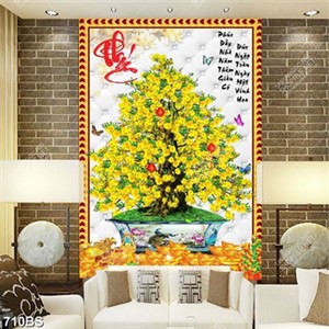 Tranh chậu bonsai trang trí cây mai vàng bên hoa mộc lan