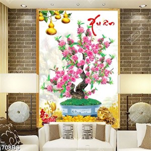 Tranh chậu bonsai câyhoa đào bên cá chép vàng nghệ thuật Tranh chậu bonsai câyhoa đào bên cá chép vàng nghệ thuật