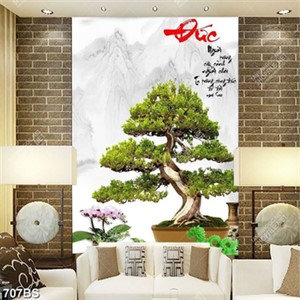 Tranh chậu bonsai psd cây bách tùng và chậu hoa lan tím