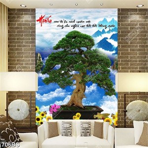 Tranh chậu bonsai in uv cây bách tùng bên hoa hướng dương
