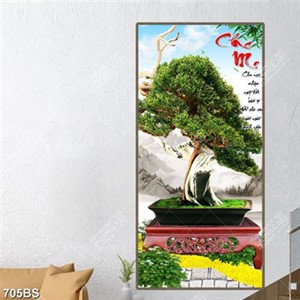 Tranh chậu bonsai dán tường cây tùng bên câu đối cha mẹ