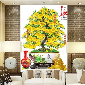 Tranh chậu bonsai cây mai vàng bên bình gốm giả ngọc psd
