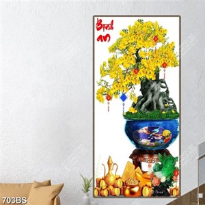 Tranh chậu bonsai cây mai vàng tài lộc bên chữ bình an