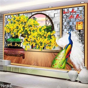 Tranh chậu bonsai cây mai vàng bên đôi chim công in 3d