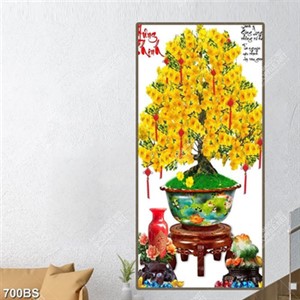 Tranh chậu bonsai cây mai vàng và tượng cóc ngọc trang trí