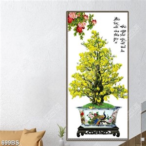 Tranh chậu bonsai in canvas cây mai vàng  bên câu đối