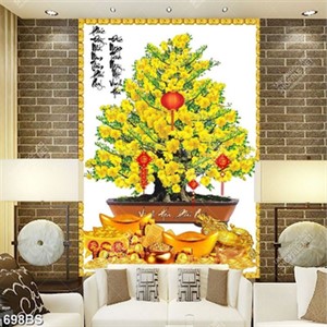 Tranh chậu bonsai cây mai vàng và lồng đèn nghệ thuật