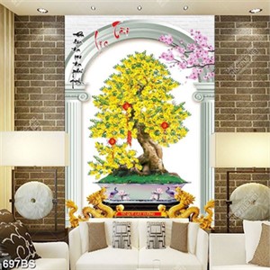 Tranh chậu bonsai psd cây mai vàng bên tượng rồng vàng