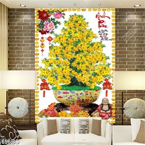 Tranh chậu bonsai in uv cây mai vàng bên hoa mẫu đơn