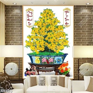 Tranh chậu bonsai nghệ thuật cây mai vàng bên tượng cá chép