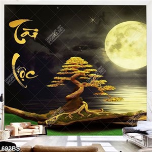 Tranh chậu bonsai cây mai vàng bên ánh trăng về đêm in uv