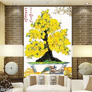 Tranh chậu bonsai dán tường cây mai vàng và hoa mộc lan
