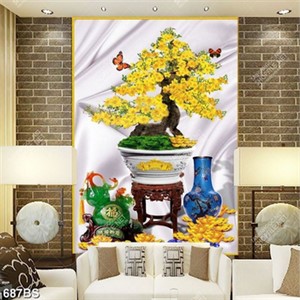 Tranh chậu bonsai cây mai vàng bên chiếc bình gốm in 3d