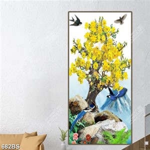 Tranh chậu bonsai in uv cây mai vàng bên đàn chim én