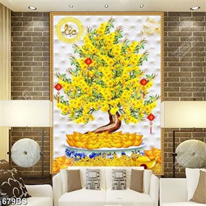 Tranh chậu bonsai tài lộc cây mai vàng bên núi vàng thỏi