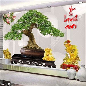 Tranh chậu bonsai treo tường cây sung bên tượng cá chép