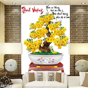 Tranh chậu bonsai dán tường cây mai bên chữ thịnh vượng