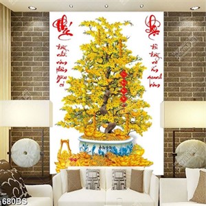 Tranh chậu bonsai phong thủy cây mai vàng bên câu đối