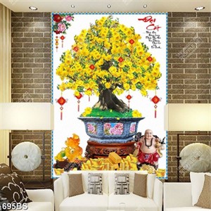 Tranh chậu bonsai dán tường hoa mai vàng bên tượng phật
