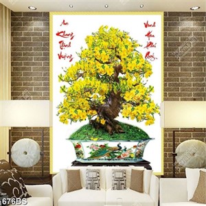 Tranh chậu bonsai trang trí cây mai vàng bên câu đối