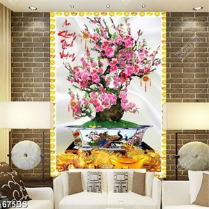 Tranh chậu bonsai in canvas cây hoa đào bên núi vàng