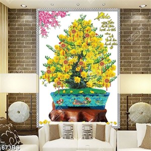 Tranh chậu bonsai psd cây mai vàng bên cành hoa đào đỏ