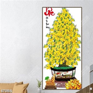 Tranh chậu bonsai cây mai vàng bên những thỏi vàng chói