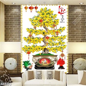 Tranh chậu bonsai treo tường cây mai vàng bên tượng ngọc