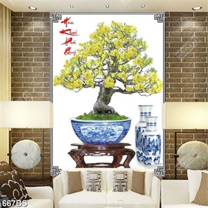 Tranh chậu bonsai cây mai vàng bên những bình gốm in 3d