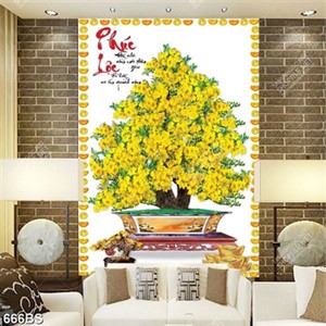 Tranh chậu bonsai cây mai vàng bên núi vàng thỏi trang trí