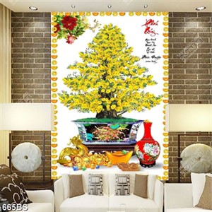 Tranh chậu bonsai in canvas cây mai vàng  bên chữ phú quý