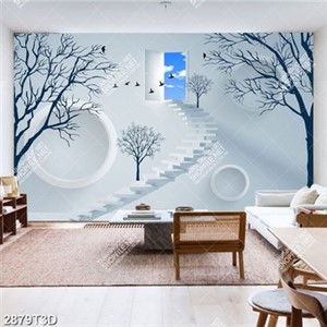 Tranh dán tường cây và đàn chim bên ô cửa