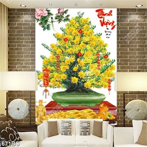 Tranh chậu bonsai dán tường cây mai vàng bên mẫu đơn