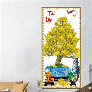 Tranh chậu bonsai cây mai vàng bên đôi chim ri bay lượn