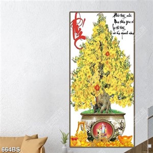 Tranh chậu bonsai cây mai vàng và chữ phúc nghệ thuật